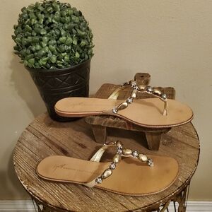 GIUSEPPE ZANOTTI DESIGN Crystal Gold‎ Stone Jewel Thong Slide-On Sandals SZ 39/9